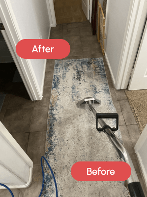 A rug cleaning wand is shown mid-cleaning on a white, blue, and beige patterned hallway runner rug. The top half, labeled 'After', is visibly cleaner than the bottom half, labeled 'Before'.