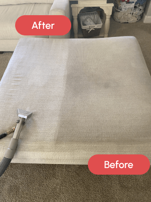 An ottoman cushion divided into a clean 'After' section on the left and a dirty 'Before' section on the right, showing upholstery cleaning in progress with a cleaning wand.